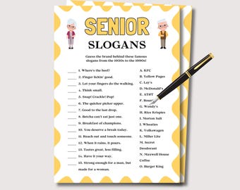 Senior Slogans Game, Funny Printable Trivia for Seniors Games for Senior Citizens, Group Activity for Elderly Icebreaker, Senior Riddles