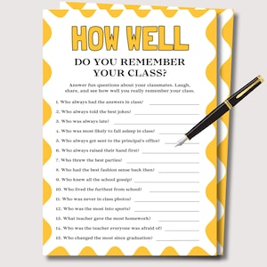 How Well Do You Remember Your Class, Fun Printable Class Reunion Game, High School Reunion Game, Class Reunion Activity Ice Breaker Game