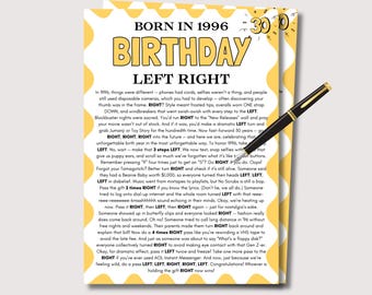 30th Birthday Left Right Game, Fun 30th Birthday Game for Her Him, 30th Birthday Party Game Pass the Prize, Born in 1996 Birthday Game