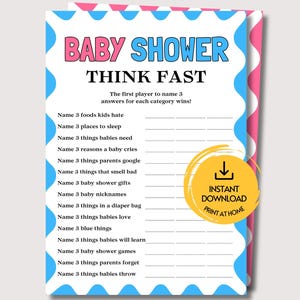 Gra „Myśl szybko” na baby shower, zabawna gra do wydrukowania na baby shower, różowo-niebieska gra „Myśl szybko” dla chłopca i dziewczynki, quiz na imprezie z okazji ujawnienia płci dziecka