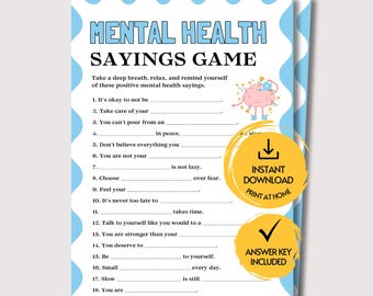 Juego de frases sobre salud mental, juego imprimible sobre salud mental para adultos, juego de terapia grupal para adolescentes, actividad sobre salud mental, juego de reflexión.