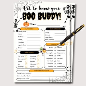 Halloween Questionnaire, Boo Buddy Questionnaire Printable Spooky Questionnaire Boo Buddy Survey Boo Basket Gift Exchange Game, All About Me