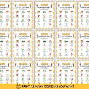 Peut inclure: Une feuille de jeu imprimable intitul&eacute;e Senior Guess The Price pr&eacute;sentant des illustrations d'articles m&eacute;nagers et d'&eacute;picerie courants. La feuille comprend des lignes vides pour noter les co&ucirc;ts estim&eacute;s, avec une bordure festonn&eacute;e jaune et des personnages &acirc;g&eacute;s.