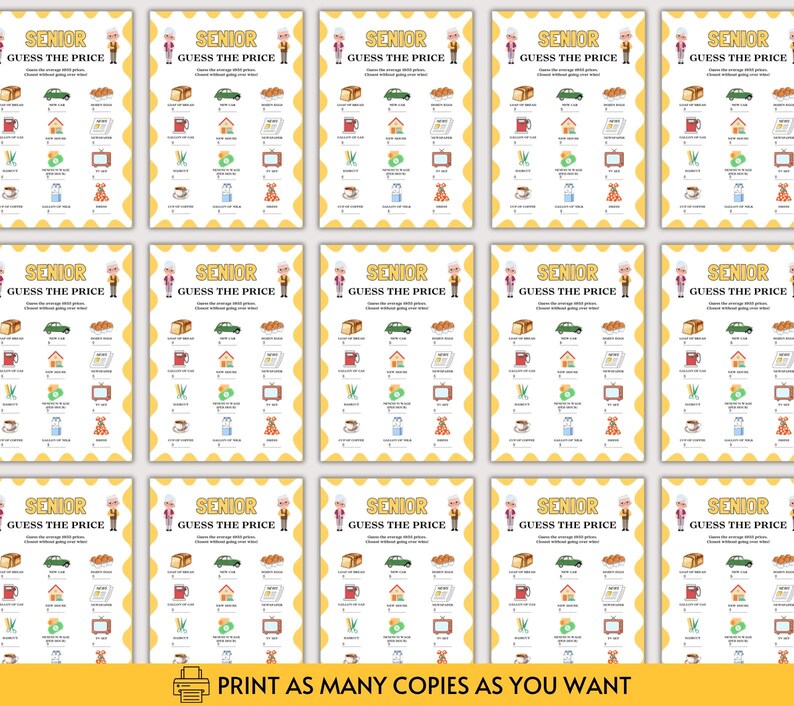 Peut inclure: Une feuille de jeu imprimable intitul&eacute;e Senior Guess The Price pr&eacute;sentant des illustrations d'articles m&eacute;nagers et d'&eacute;picerie courants. La feuille comprend des lignes vides pour noter les co&ucirc;ts estim&eacute;s, avec une bordure festonn&eacute;e jaune et des personnages &acirc;g&eacute;s.