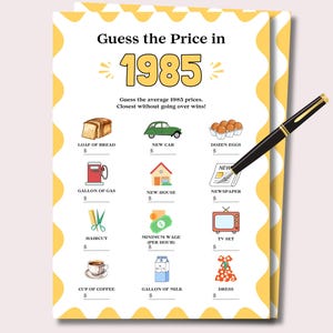 Gioco &quot;Indovina il prezzo&quot; per il 40° compleanno, quiz del 1985, Gioco del 40° compleanno, Giochi del compleanno del 1985, Nato nel 1985 stampabile, Quiz sul 40° compleanno