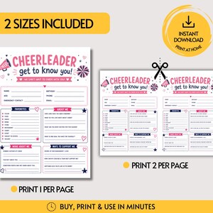 May include: A printable cheerleader get to know you questionnaire featuring pink and navy blue text, a megaphone icon, and a pom-pom graphic. The form includes sections for personal details, favorites, and interests, with options for one or two per page.