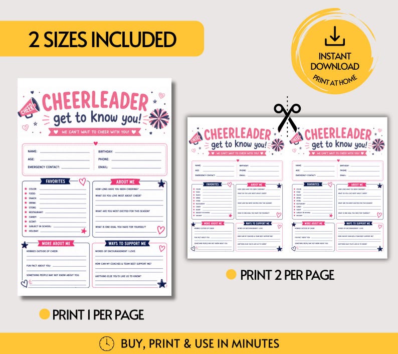 May include: A printable cheerleader get to know you questionnaire featuring pink and navy blue text, a megaphone icon, and a pom-pom graphic. The form includes sections for personal details, favorites, and interests, with options for one or two per page.