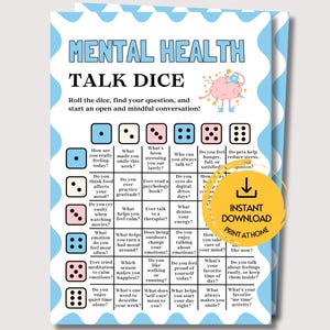 Pode incluir: Uma folha de jogo Mental Health Talk Dice com uma borda azul ondulada. O cabeçalho diz MENTAL HEALTH TALK DICE com uma ilustração de um cérebro. Uma grade exibe faces de dados de um a seis, cada uma correspondendo a uma linha de perguntas sobre emoções, autocuidado e hábitos diários. Um emblema circular amarelo indica INSTANT DOWNLOAD PRINT AT HOME.