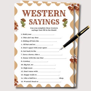 Western Sayings Game, Western Theme Game for Adults, Western Activities, Western Birthday Rodeo, Western Trivia Quiz, Cowboy Cowgirl Games