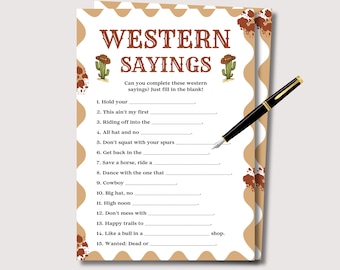 Western Sayings Game, Western Theme Game for Adults, Western Activities, Western Birthday Rodeo, Western Trivia Quiz, Cowboy Cowgirl Games