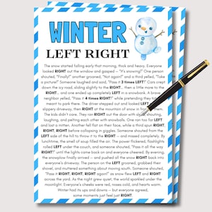 Può includere: Un foglio di carta stampato con il titolo "WINTER LEFT RIGHT" e un'illustrazione di un pupazzo di neve. Il testo descrive una scena invernale con le parole "LEFT" e "RIGHT". Una penna nera è appoggiata sulla carta.