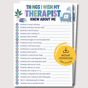 May include: A printable therapy worksheet titled Things I Wish My Therapist Knew About Me, featuring a numbered list from 1 to 20 with blank lines for writing. The design includes a blue armchair, a lamp, a potted plant, and a yellow circle badge.