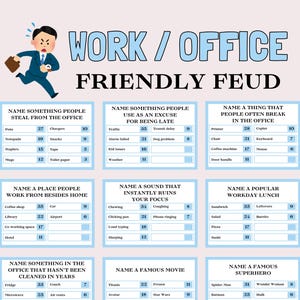 Puede incluir: Un tablero de juego titulado "WORK / OFFICE FRIENDLY FEUD" con varias preguntas de trivia relacionadas con la oficina. El tablero incluye una caricatura de un hombre corriendo con un maletín. Las preguntas cubren temas como cosas que la gente roba, excusas para llegar tarde y almuerzos de trabajo populares.