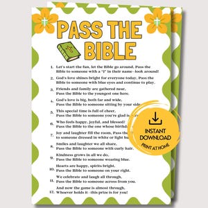 May include: A Pass the Bible game card featuring a green and white scalloped border with yellow flowers. The text includes the title Pass the Bible, a green book illustration, and twelve numbered instructions for a group activity game.