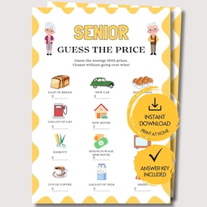 Peut inclure: Une feuille de jeu imprimable intitul&eacute;e SENIOR GUESS THE PRICE avec une bordure jaune festonn&eacute;e. Elle pr&eacute;sente des illustrations d'articles comme du pain, une voiture, des &oelig;ufs, de l'essence, une maison, une coupe de cheveux, de l'argent, du caf&eacute;, du lait et une robe, avec des lignes pour deviner les prix de 1955.