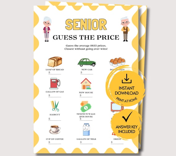Senior Guess the Price Game, Fun Printable Group Senior Game, Brain Game for Seniors, Senior Night Game for Senior Citizens, Senior Trivia