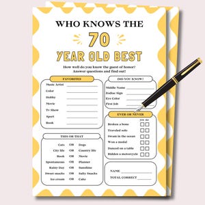 Who Knows the 70 Year Old Best Game, 70th Birthday Games for a 70 Year Old, 70th Birthday Trivia, 1955 Birthday Trivia, 70th Birthday Party