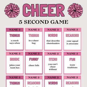 May include: A pink and white game board with the word "CHEER" at the top and "5 SECOND GAME" below it. The game includes prompts like "THINGS," "WORDS," and "REASONS" for a cheerleading theme.