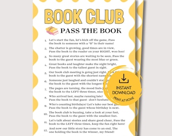 May include: A rectangular game card titled BOOK CLUB PASS THE BOOK with a yellow scalloped border. The text includes twelve numbered instructions for a party game, a small illustration of stacked books, and a circular badge stating INSTANT DOWNLOAD PRINT AT HOME.