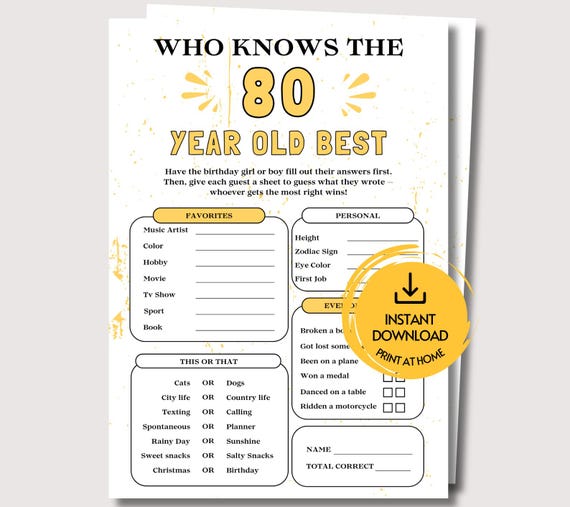 80th Birthday Who Knows the 80 Year Old Best Game, Fun 80th Birthday Game for Her Him, 80th Birthday Party Game, Born in 1946 Birthday Game
