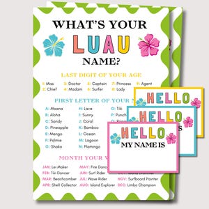 Jogo "Qual é o seu nome no Luau?", Etiquetas de nome, Jogo de festa de aniversário havaiano, Atividade para festa de verão, Jogos de Luau para crianças e adultos, Jogos de festa tropical