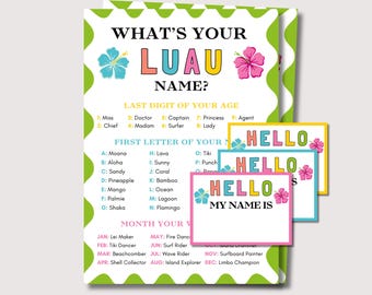 Whats Your Luau Name Game, Name Tags, Hawaiian Birthday Party Game, Summer Party Activity, Luau Games for Kids Adults, Tropical Party Games