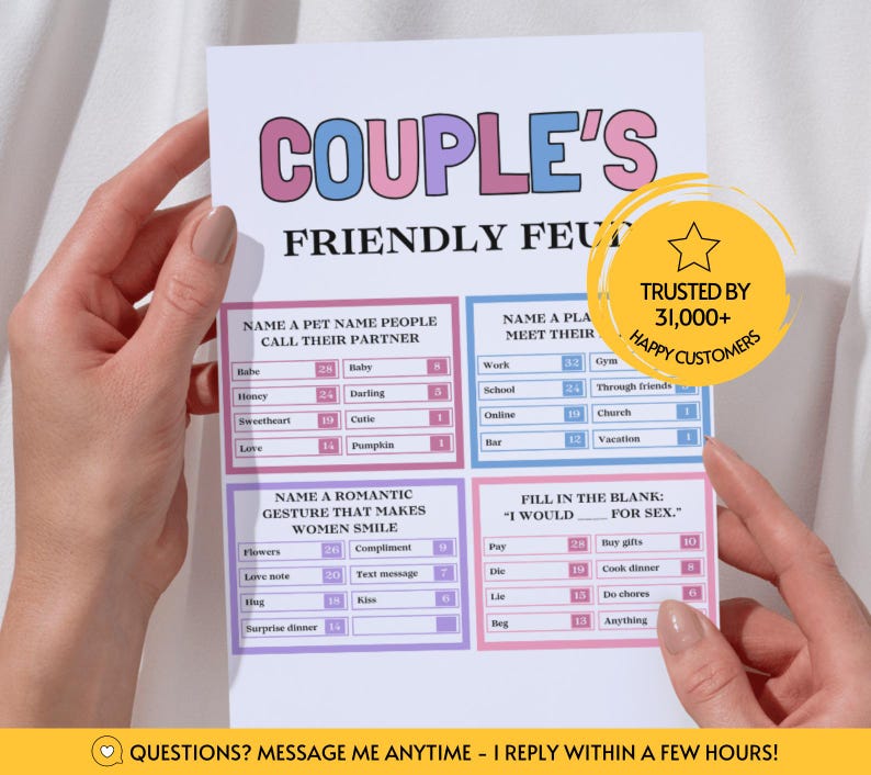 Couples Feud Questions, Fun Printable Couple Game Family Feud for Couple Game Night, Friendly Feud Couples Date Game Icebreaker Trivia Quiz image 4