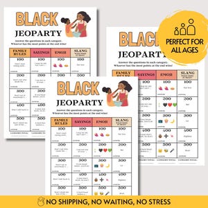 May include: A printable Black Jeopardy game sheet featuring a grid with categories including Family Rules, Sayings, Emoji, and Slang. The header displays the title Black Jeopardy and an illustration of two people cooking. The grid contains point values.