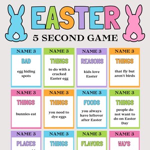 May include: An Easter-themed game board with the word "EASTER" in large letters and bunny silhouettes. The game is titled "5 SECOND GAME" and features categories such as "BAD", "THINGS", and "REASONS". The board is brightly coloured.