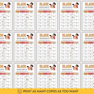 May include: A grid of fifteen identical game sheets titled Black Jeopardy. Each sheet features a cartoon illustration of two people, a point-based table with categories like Family Rules, Sayings, Emoji, and Slang, and a bottom banner stating Print as many copies as you want.