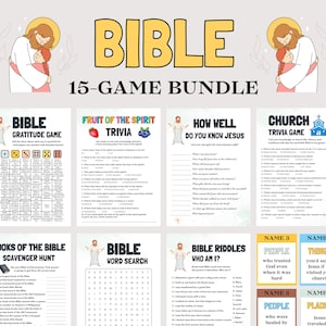 May include: A bundle of 15 Bible-themed games, including trivia, word searches, and scavenger hunts. The title "BIBLE 15-GAME BUNDLE" is displayed in large yellow letters. Each game sheet features illustrations and text, designed for educational and recreational use.