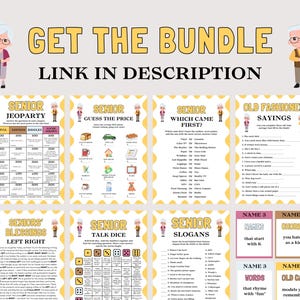May include: A bundle of printable senior-themed games, including Jeopardy, Guess the Price, and trivia. The games feature colorful designs with illustrations of elderly people and text like "Get the Bundle" and "Link in Description".