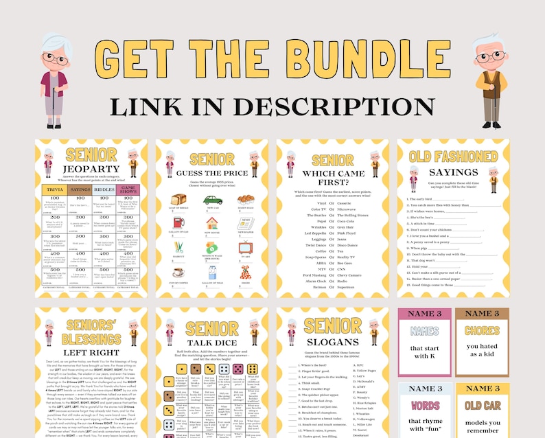 May include: A bundle of printable senior-themed games, including Jeopardy, Guess the Price, and trivia. The games feature colorful designs with illustrations of elderly people and text like "Get the Bundle" and "Link in Description".