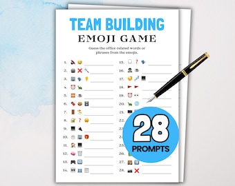 May include: A printed game sheet titled "Team Building Emoji Game" with 28 prompts. The sheet includes emojis and blank spaces for answers. A black pen with gold accents rests on the page.