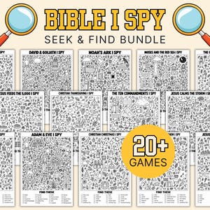 Puede incluir: Un paquete Bible I Spy Seek & Find que incluye varias hojas de actividades en blanco y negro con diversas ilustraciones religiosas y listas de búsqueda. Un círculo amarillo con el texto 20+ GAMES se superpone en la parte inferior.