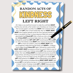 Può includere: Un biglietto di auguri con un bordo ondulato blu e bianco, con il testo "RANDOM ACTS OF KINDNESS LEFT RIGHT" in giallo e nero. Una penna nera e oro è appoggiata sulla carta. La carta contiene un messaggio sulla gentilezza.