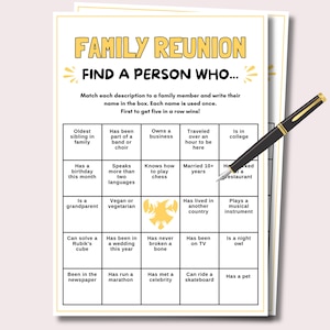 Bingospel familiereünie, familiereüniespel afdrukbaar, familiereünie Vind de gastbingo, vind iemand die Icebreaker familiefeestspel