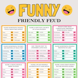 Op de afbeelding: Een spelbord getiteld "FUNNY FRIENDLY FEUD" met trivia vragen en antwoordopties. Het bord heeft een lichtgrijze achtergrond met gele en roze accenten en een lachende emoji. Het spel is ontworpen voor plezier.