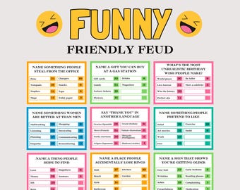 May include: A colorful game board titled "FUNNY FRIENDLY FEUD" with various trivia questions and answer options. The game board features a light gray background with yellow and pink accents, and a smiling emoji.