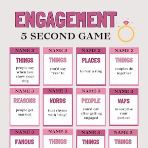 Könnte beinhalten: Ein rosa-weißes Spiel für Verlobungsfeiern mit dem Titel "Engagement 5 Second Game". Das Spiel enthält Karten mit Aufforderungen wie "Dinge, die Paare zusammen tun" und "Wörter, die sich auf 'Ring' reimen".