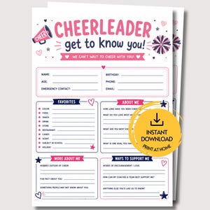 May include: A white questionnaire sheet titled Cheerleader get to know you! with pink and navy blue text, graphics of a megaphone, pom-poms, and hearts. It includes sections for personal details, favorites, about me, and support preferences.