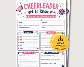 May include: A white questionnaire sheet titled Cheerleader get to know you! with pink and navy blue text, graphics of a megaphone, pom-poms, and hearts. It includes sections for personal details, favorites, about me, and support preferences.