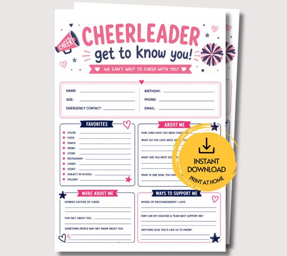 Cheerleader Get to Know You Form Printable, Cheer All About Me, Cheerleading Party Get to Know Me Favorite Things, Cheerleader Resume PDF