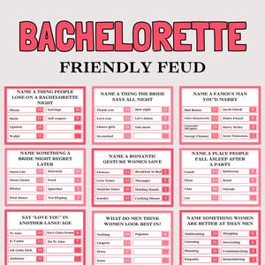 May include: A pink and white "Bachelorette Friendly Feud" game board. Categories include things people lose, what the bride says, and what women are better at than men. Ideal for a hen party. The game features various answer options.