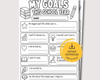 Hoja de trabajo "Mis metas para este año escolar" para niños, divertido juego imprimible para la vuelta al cole, juego para profesores, actividad para el primer día de clase.
