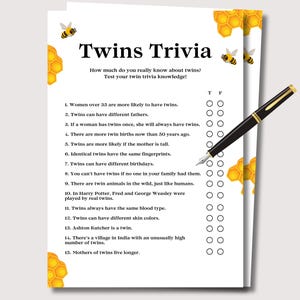 Twins Trivia, True or False Baby Shower Game, Printable Fun Twin Trivia Quiz, Twin Baby Shower Game, Bee Baby Shower Game, Instant Download