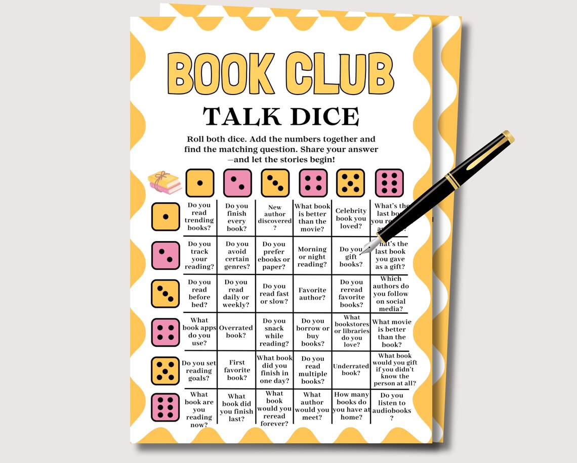 Book Club Talk Dice Game, Fun Printable Book Club Game, Book Club Party ...