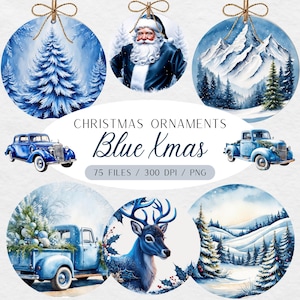 75 ozdób świątecznych PNG sublimacja wzory pakiet, okrągłe niebieskie ozdoby obrazy, wydrukowane jelenie krajobrazy okrągłe ozdoby Png zdjęcia