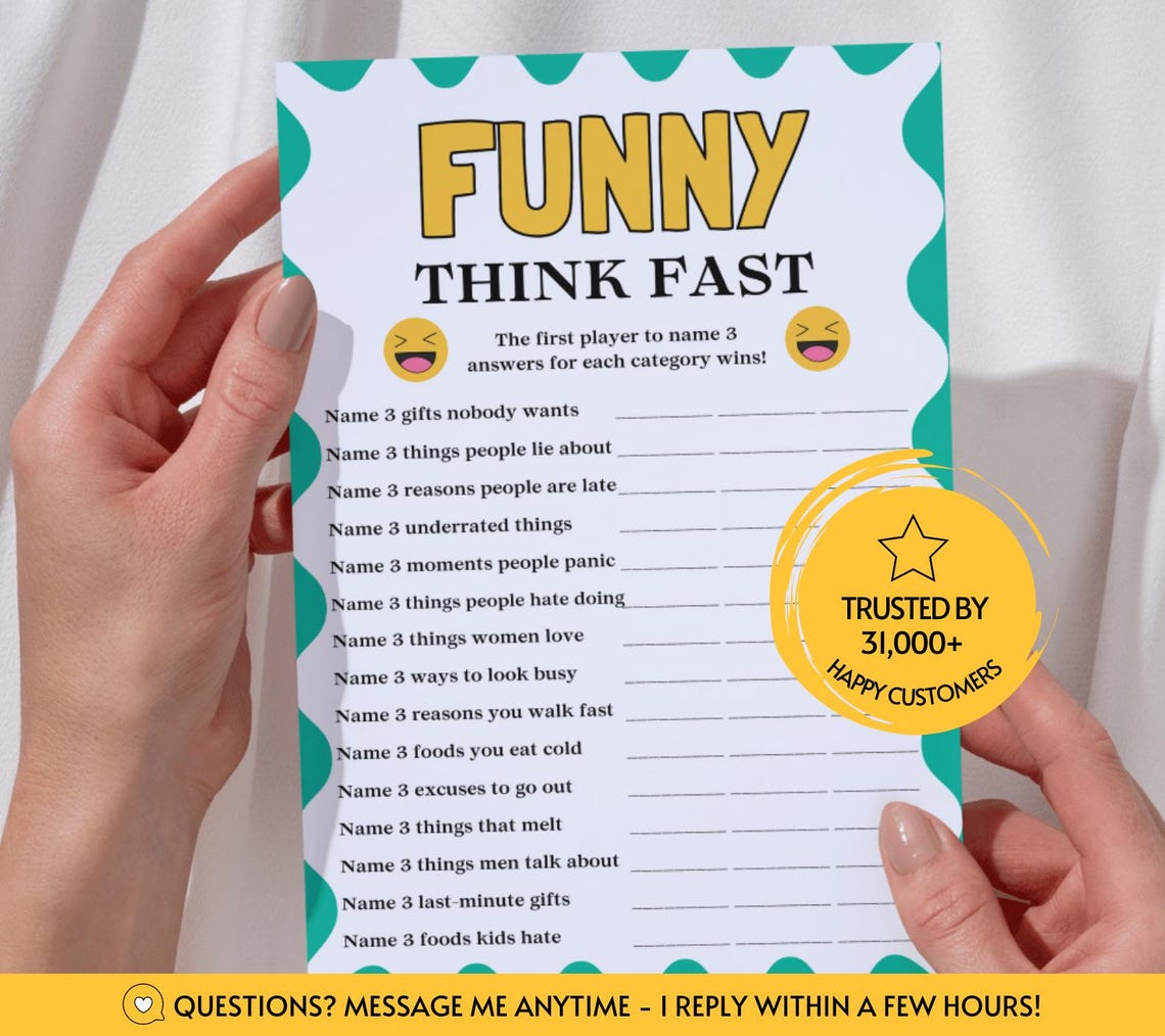 Funny Think Fast Game, Fun Printable Game for Adults Kids, Team ...