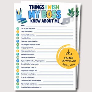 May include: A printable questionnaire titled Things I Wish My Boss Knew About Me, featuring nineteen numbered prompts with blank lines for writing. The design includes illustrations of a pencil cup, books, a laptop, and a potted plant.